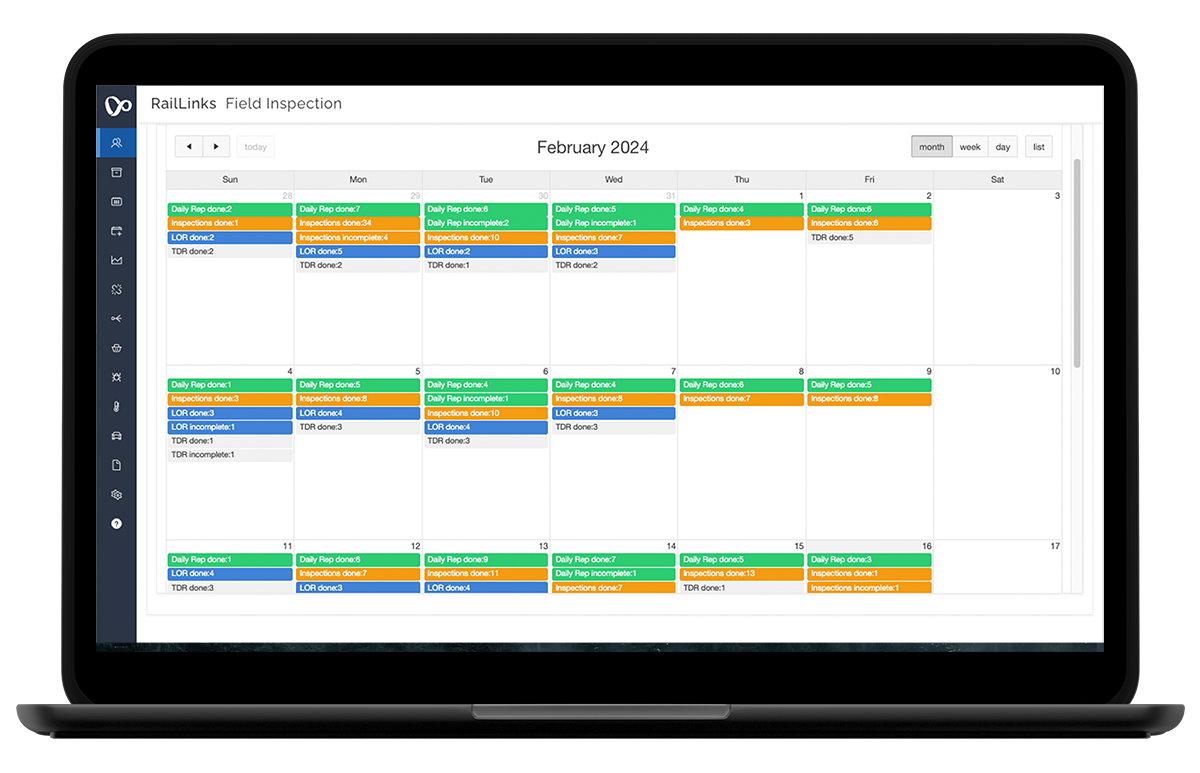 Mockup of a laptop with a Field Inspection calendar screenshot displayed on it. The calendar shows several weeks with color-coded inspections appearing on most of the days.