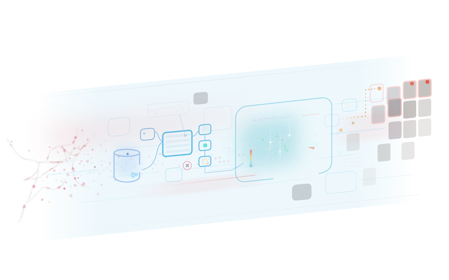 Colorful line graphic with a dark background, showing data (represented by dots) moving from a map of the network on the left, through various containers and widgets, to prioritized cards on the right