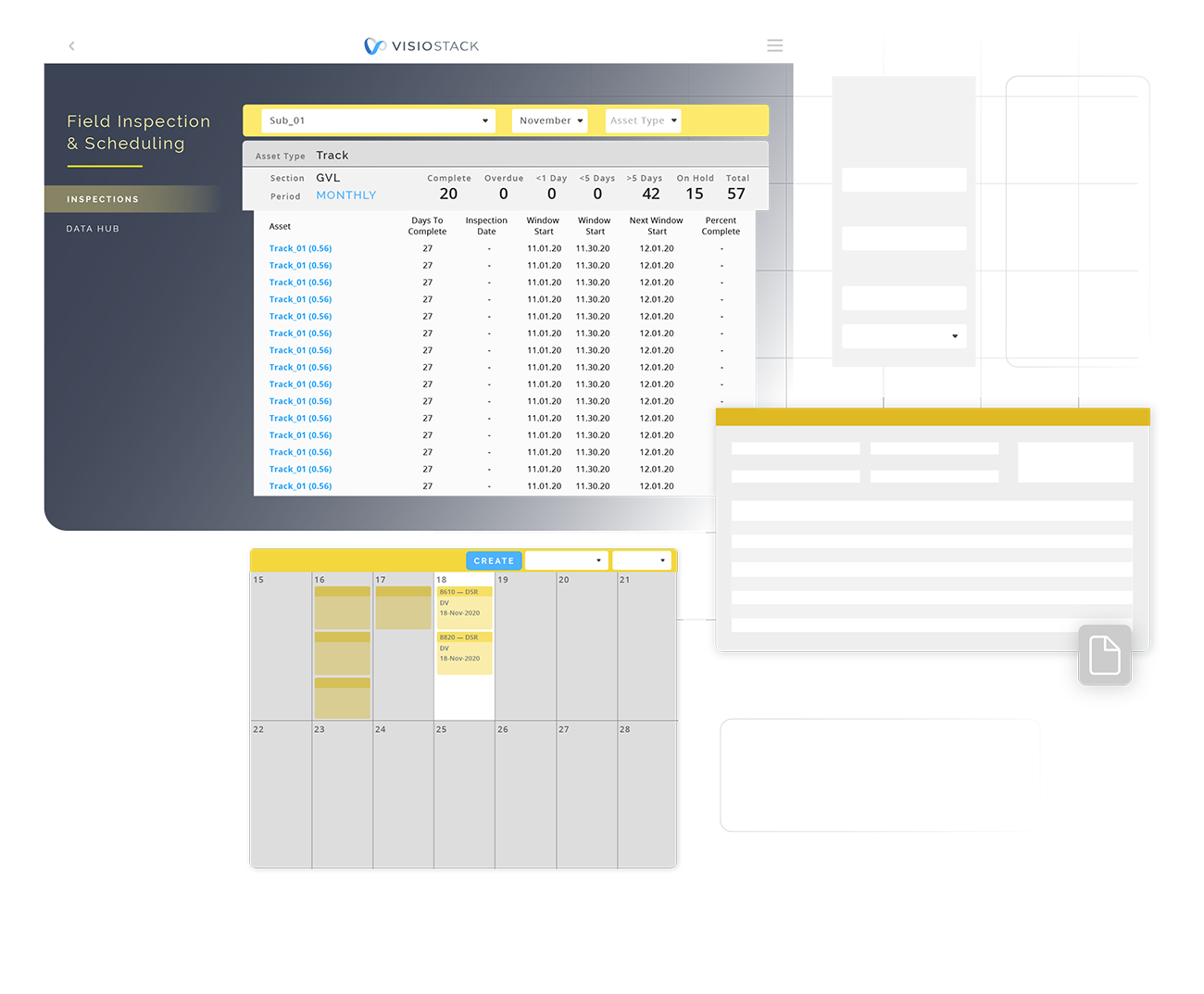 Graphic showing various screen elements of the Field Inspection app: navigation, a calendar view, dropdowns.