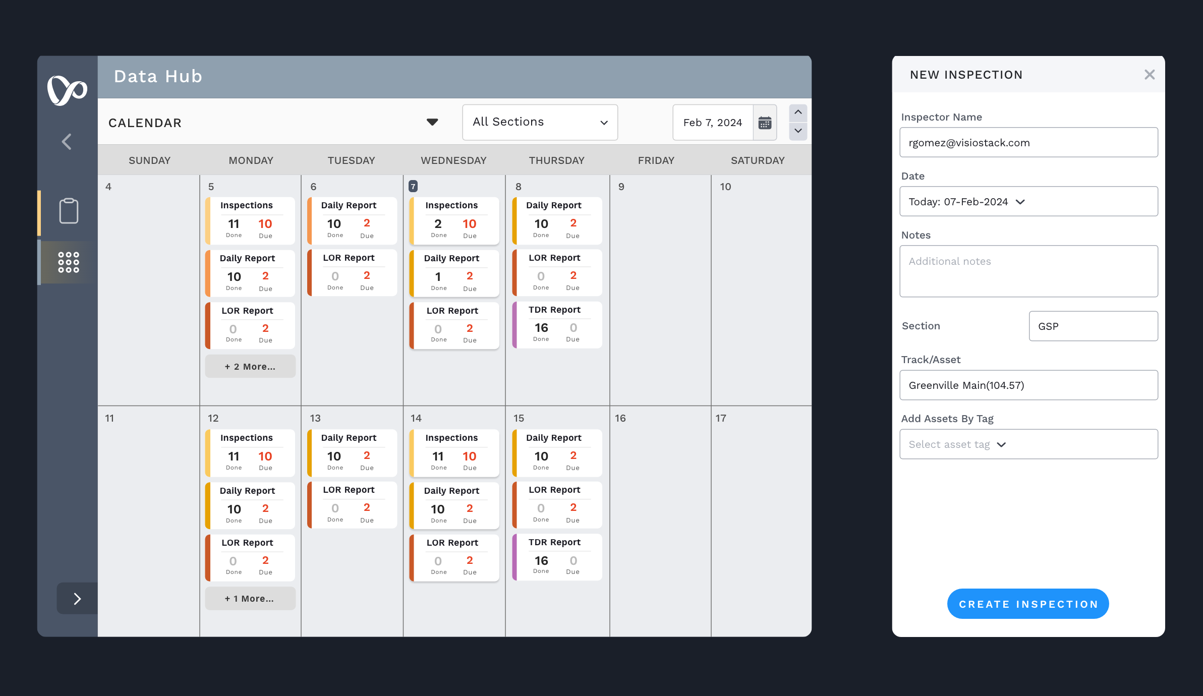 Graphic with a tablet-sized and a phone-sized screenshot. The tablet screenshot shows a calendar display with reports scheduled on several of the days. The phone screenshot shows a "New Inspection" report form.