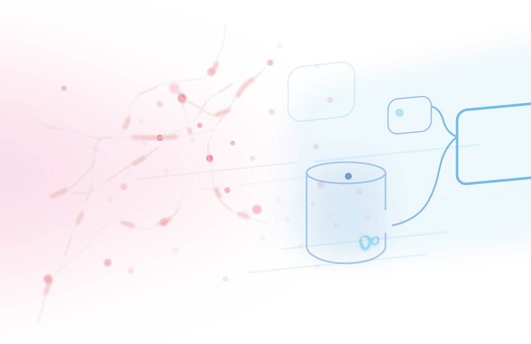 Colorful line graphic with a dark background, showing data (represented by dots) moving from a map of the network on the left, towards various containers and widgets on the right