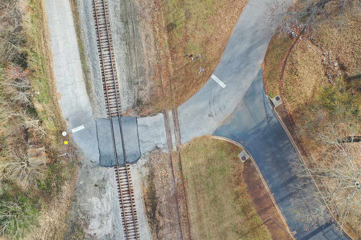 Drone image of railroad crossing