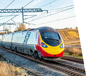 Train traveling through a country landscape