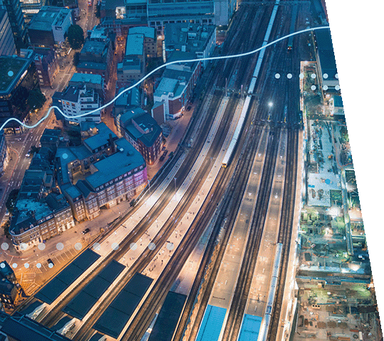 Aerial view of train station at night